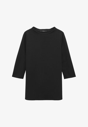 Black long-sleeve top featuring a round neckline and relaxed fit. Made from a smooth, stretchy fabric with a simple, clean design.