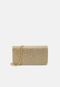 Guldig kuvertväska med rektangulär form, täckt av små skimrande dekorationer och utrustad med en guldkedja.