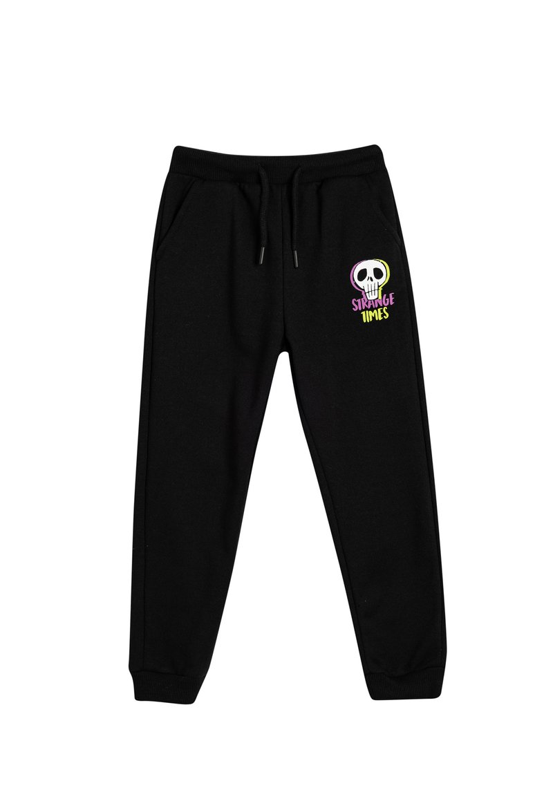 Schwarze Jogginghose mit elastischem Bund, Kordelzug und gerippten Bündchen. Mit grafik eines bunten Schädels und dem Text "STRANGE TIMES".