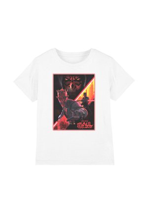 Weißes T-Shirt mit einer roten und schwarzen Grafik des Star Wars-Charakters Darth Maul in dynamischer Pose mit Stadtsilhouette und dem Logo „Maul Shadow Lord.“