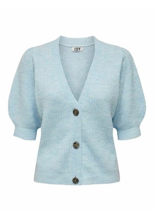 Light blue knitted cardigan with puff sleeves, V-neck, and three dark buttons down the front.