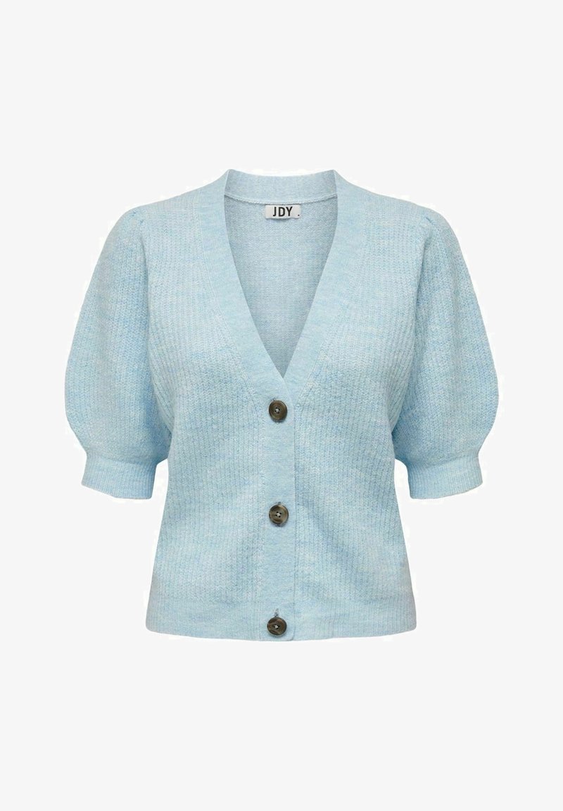 Cardigan tricoté bleu clair avec manches bouffantes, col en V et trois boutons foncés sur le devant.