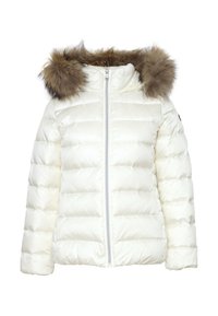 Giacca puffer bianca con chiusura frontale a zip, dotata di cappuccio rifinito in pelo sintetico e con un design trapuntato per l'isolamento.