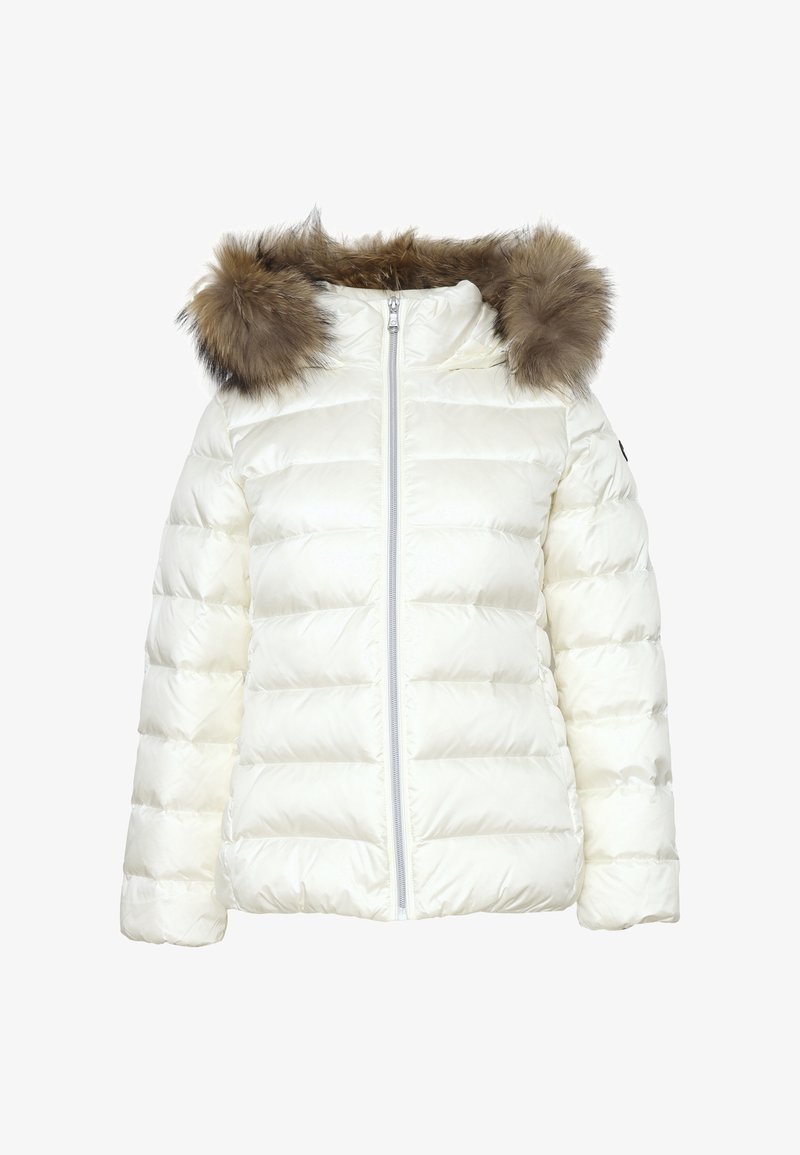 Giacca puffer bianca con chiusura frontale a zip, dotata di cappuccio rifinito in pelo sintetico e con un design trapuntato per l'isolamento.