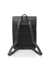 Mochila negra de cuero con respaldo de malla, correas ajustables, un asa superior y un bolsillo con cremallera lateral. Textura suave y diseño estructurado.