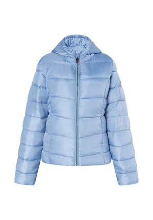 Lysblå pufferjakke med hætte, der har et quiltet design, frontlynlås og elastiske manchetter. Glat, skinnende tekstur.