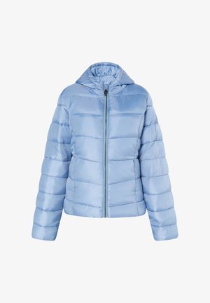 Helleblaue Daunenjacke mit Kapuze, mit einem gesteppten Design, vorderem Reißverschluss und elastischen Bündchen. Glatte, glänzende Textur.
