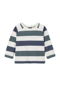 Langärmliges Baby-Shirt mit breiten horizontalen Streifen in Weiss, Blau und Grün, mit Rundhalsausschnitt und Druckknöpfen im Rücken.