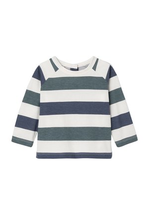Langärmliges Baby-Shirt mit breiten horizontalen Streifen in Weiss, Blau und Grün, mit Rundhalsausschnitt und Druckknöpfen im Rücken.
