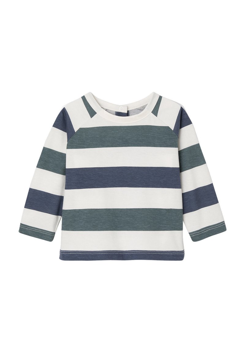 Langärmliges Baby-Shirt mit breiten horizontalen Streifen in Weiss, Blau und Grün, mit Rundhalsausschnitt und Druckknöpfen im Rücken.