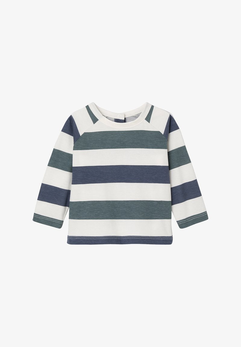 Langärmliges Baby-Shirt mit breiten horizontalen Streifen in Weiss, Blau und Grün, mit Rundhalsausschnitt und Druckknöpfen im Rücken.