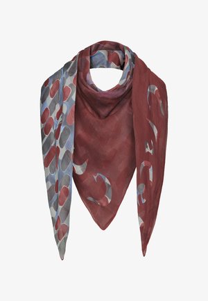 Foulard in seta con una combinazione di colori bordeaux e blu, motivi geometrici e una texture leggera e trasparente. Forma triangolare con estremità appuntite.