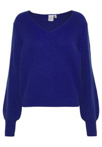 Modrý pletený svetr s výstřihem do V, dlouhými rukávy s žebrovanými detaily a volným střihem. Tkanina je pokryta texturovaným vzorem.