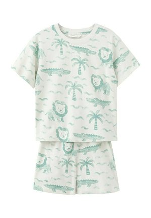 Wit setje met korte mouwen en korte broek voor kinderen, bedrukt met lichtgroene cartoonleeuwen, krokodillen, palmbomen en golvende lijnen.