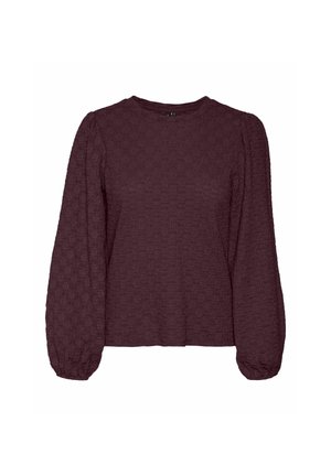 Bordeauxkleurige, gestructureerde blouse met lange mouwen, een ronde halslijn en pofmouwen. De stof heeft een subtiele verhoogde patroon. Rechte snit.