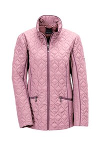 Gevoerde jas in lichtroze, met een hoge kraag, volledige ritssluiting en twee ritszakken aan de zijkanten. Soepele textuur en ruitpatroon.
