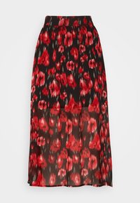 Gonna nera trasparente con motivo floreale di fiori rossi e verdi. Vita elasticizzata e design fluido con una lunghezza media.