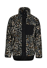 Fleece-jacka med leopardmönster i kräm, svart och brun. Har en svart dragkedjeficka på bröstet och hög krage.