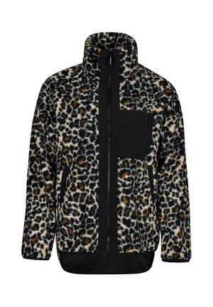 Giacca in fleece con un design a stampa leopardata nei colori crema, nero e marrone. Presenta una tasca sul petto con zip nera e un colletto alto.