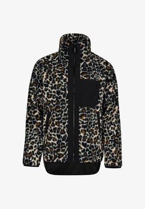 Veste en polaire avec un motif léopard en crème, noir et marron. Comprend une poche poitrine zippée noire et un col montant.