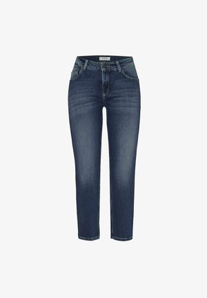 Dunkelblaue Denim-Jeans mit schlanker Passform, fünf Taschen, Knopfverschluss und dezenten Verwaschungen an der Vorderseite.