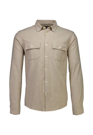 Beige overhemd met lange mouwen, gemaakt van zachte stof, voorzien van twee borstzakken, een klassieke kraag en manchetten aan de mouwen.