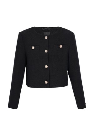 Czarna teksturowana krótka kurtka z długimi rękawami, okrągłym dekoltem, złotymi ozdobnymi guzikami z przodu oraz dwoma kieszeniami na piersiach zapinanymi na guziki.