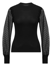 Schwarzer Pullover mit einem einfarbigen Körper und transparenten, strukturierten Ärmeln mit gepunkteten Mustern, engen Bündchen und einem hohen Kragen.
