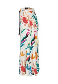 Falda maxi blanca con cintura elástica y cordón negro, con patrones florales y solares abstractos y coloridos en rojo, naranja, verde y azul.
