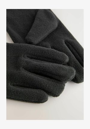 Gants en polaire noire avec une texture douce, présentant un design à cinq doigts et des coutures le long des bords. Les accents sont simples, sans embellissements.