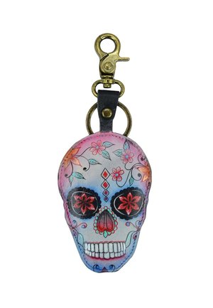 Leder-Schlüsselanhänger in Schädel-Form, mit bunten Blumenmustern, schwarzen Augen und goldfarbenem Clip mit schwarzem Riemen und runder Öse.