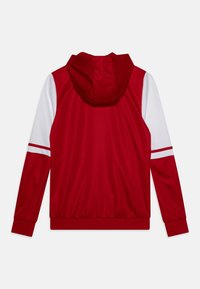 Rode hoodie met witte mouwen, voorzien van contrasterende strepen op de mouwen en een geraffineerde taille. Gemaakt van soepele, elastische stof.