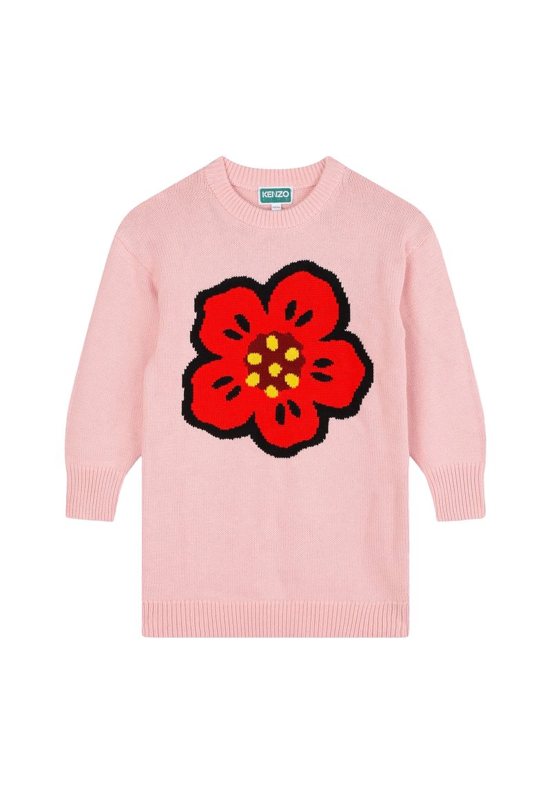 Pull en tricot rose avec un grand motif de fleur noir et rouge, au centre jaune. Manches longues et col et ourlet côtelés.