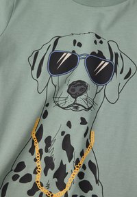 Vihreä t-paita, jossa on Dalmatiankoira-kuva mustilla laikkuilla, siniset aurinkolasit ja oranssi ketjukaulaketjusomistus. Sujuva pinta.