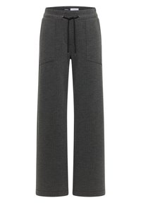 Pantalones de pierna ancha grises con cintura elástica, cordón y dos bolsillos frontales. Textura suave con una tela de patrón sutil.