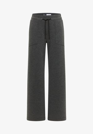 Pantalones de pierna ancha grises con cintura elástica, cordón y dos bolsillos frontales. Textura suave con una tela de patrón sutil.