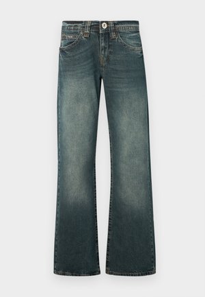 Unisex vida jeans i mörkblå denim med blekta detaljer, med klassisk knappstängning och framfickor.
