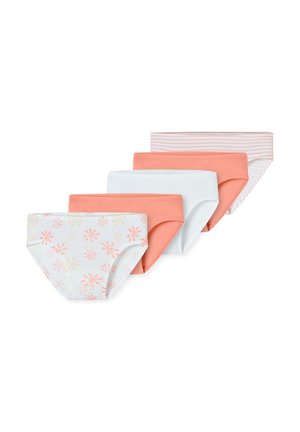 Fünf Paar Mädchenunterhosen in unterschiedlichen Schattierungen von Koralle und Weiß, mit floralen Mustern und Streifen, aus einem glatten, Baumwollmaterial.