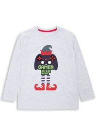 Gray long-sleeve shirt featuring a cartoon "Gamer Elf" with a game controller, red shoes, and striped legs, made from soft material.