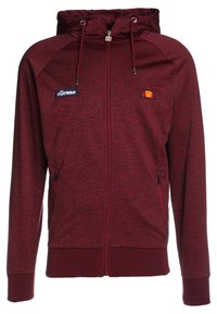 Maroon zip-up hoodie with a jersey knit texture, featuring a hood, two side pockets, and branding patches on the chest.