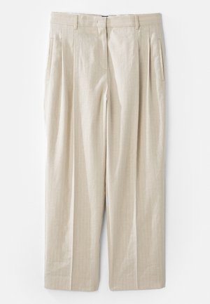 Beige linnedragt med lodrette stripes, der har en afslappet pasform, to sidelommer og plisseret front for ekstra tekstur.