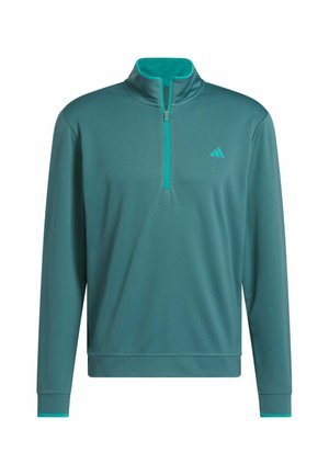 Teal pullover with a half-zip collar, long sleeves, and textured fabric. Features a light teal accent at the collar and cuffs. Logo on chest.