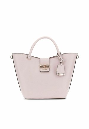 Sac fourre-tout rose clair au design structuré, en matériau synthétique lisse, avec des poignées supérieures, du matériel en métal et un porte-clés détachable.