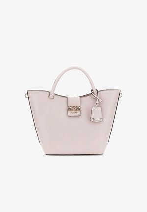 Sac fourre-tout rose clair au design structuré, en matériau synthétique lisse, avec des poignées supérieures, du matériel en métal et un porte-clés détachable.