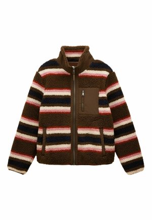 Braune, gestreifte Fleecejacke mit langen Ärmeln, hohem Kragen und Reißverschluss-Brusttasche. Mit mehrfarbigen horizontalen Streifen. Strukturiertes Material.