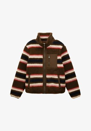 Hnedá pruhovaná fleecová bunda s dlhými rukávmi, vysokým golierom a zipsovým vreckom na hrudi. Obsahuje viacfarebné horizontálne pruhy. Textúrovaná látka.