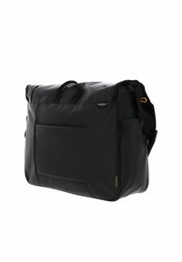 Schwarze Umhängetasche aus robustem Material, mit einem umschlagbaren Deckel, gepolstertem Schultergurt, Vordertasche und dezentem Markenlogo.