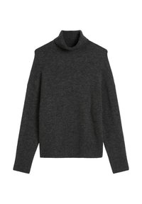 Dunkelgrauer Rollkragenpullover, gestrickte Textur, lange Ärmel, lockere Passform, minimales Design, keine sichtbaren Grafiken oder Muster.