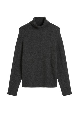 Dark gray turtleneck sweater, knitted texture, long sleeves, relaxed fit, minimal design, no visible graphics or patterns.