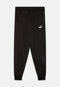 Črne atletske hlače iz lahkega materiala, z elastičnim pasom, manšetami na gležnjevih in majhnim belim logotipom Puma na levi nogi.